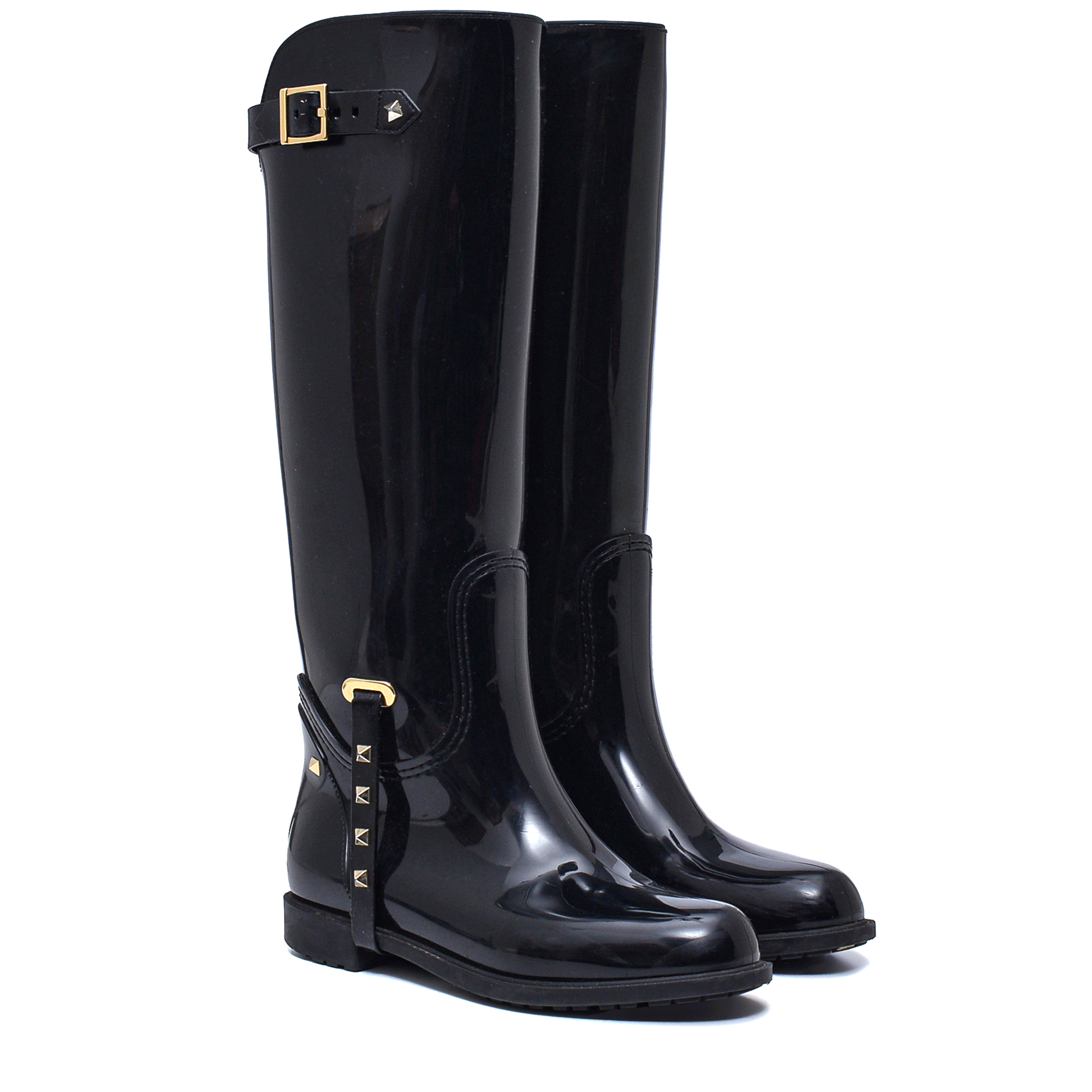 Valentino- Black Patent Rubber RockStud Rain Boots 39